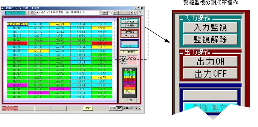 警報監視のON/OFF操作が画面右で行えます